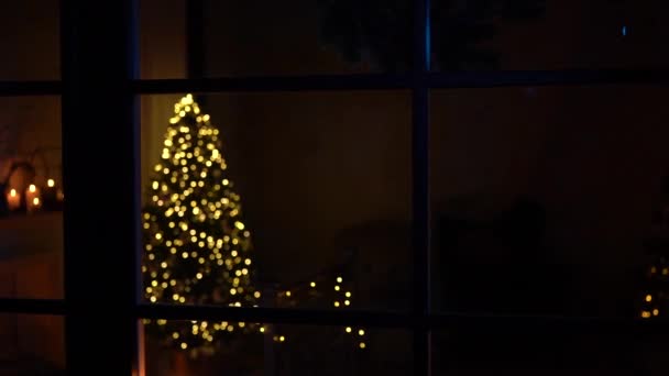 Árbol Año Nuevo Decorado Con Luces Fondo Interior Navidad — Vídeos de Stock