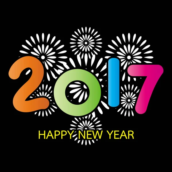 2017 Buon anno nuovo biglietto di auguri con fuochi d'artificio colorati celebrazione su sfondo nero, illustrazione vettoriale — Vettoriale Stock