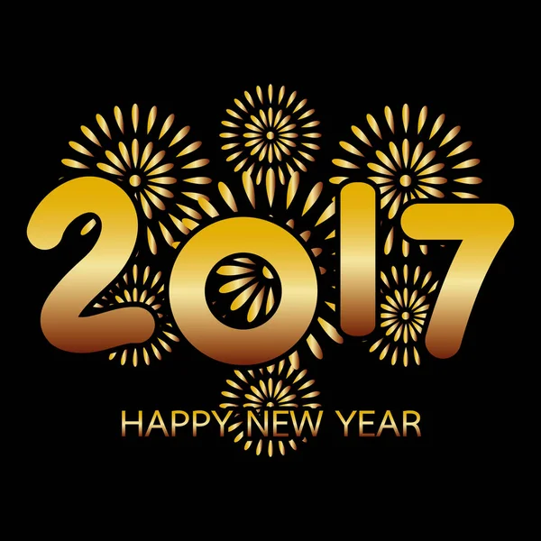 2017 Felice anno nuovo biglietto di auguri con fuochi d'artificio celebrazione d'oro su sfondo nero — Vettoriale Stock