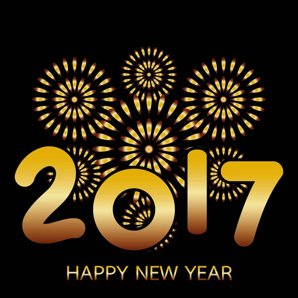 2017 Feliz Ano Novo banner com fogos de artifício celebração de ouro no fundo preto — Vetor de Stock