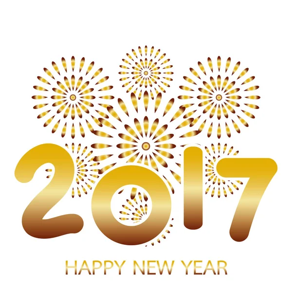 2017 Feliz Ano Novo cartão de saudação com fogos de artifício celebração de ouro no fundo branco — Vetor de Stock