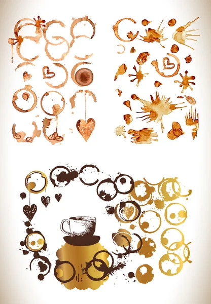 Manchas de pintura de café salpicaduras y harts — Archivo Imágenes Vectoriales