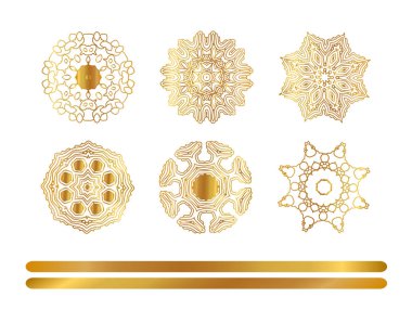  Altın mandala küme. Altın desen arka plan üzerinde izole.