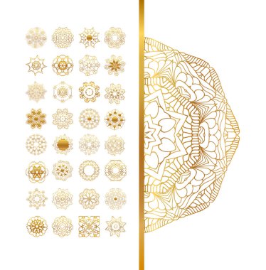  Altın mandala küme. Altın desen arka plan üzerinde izole.