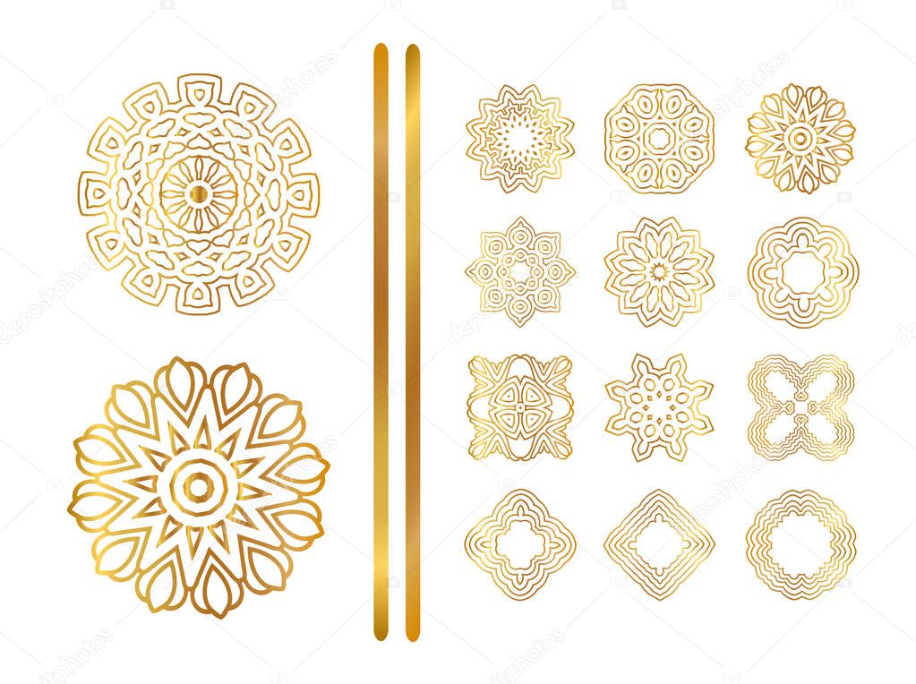  Golden mandala set. Gold  pattern isolated on background.