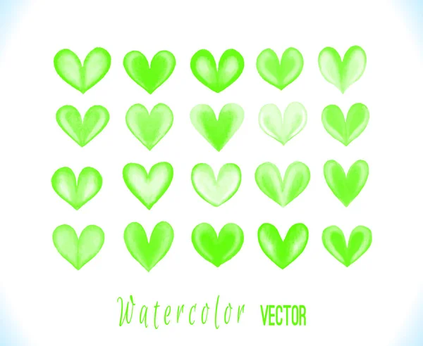 Colorido acuarela corazones verdes aislados — Vector de stock