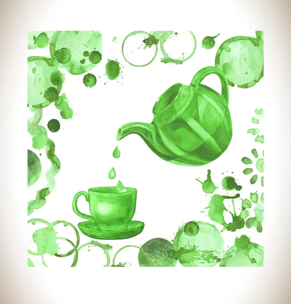 Cup of fresh green tea with  tea stain — Stock Vector