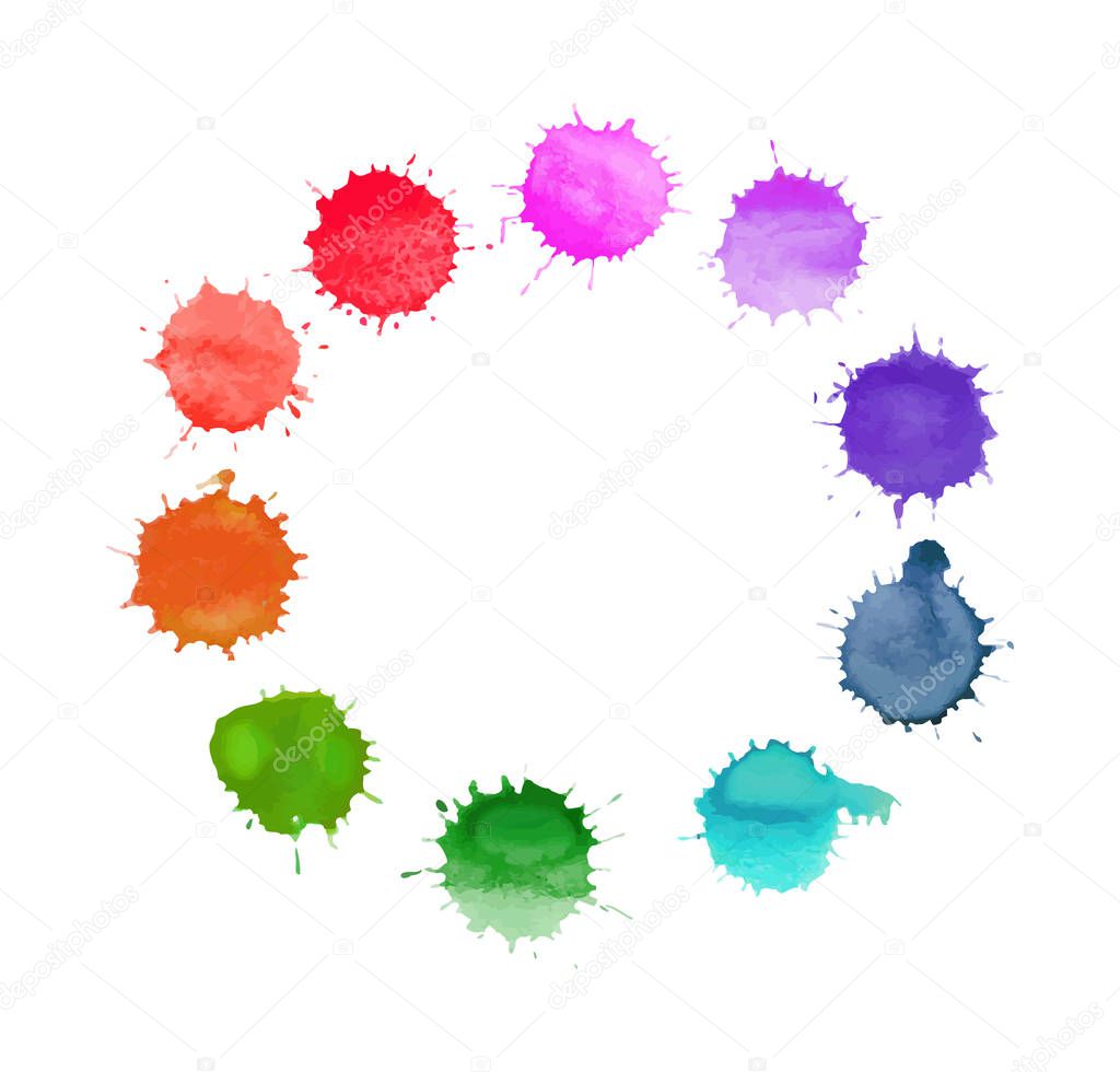 Vector round frame made of watercolor rainbow blobs