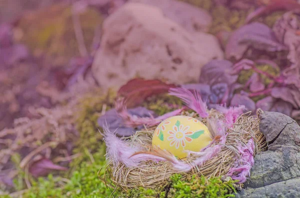 Œuf de Pâques jaune dans le nid — Photo
