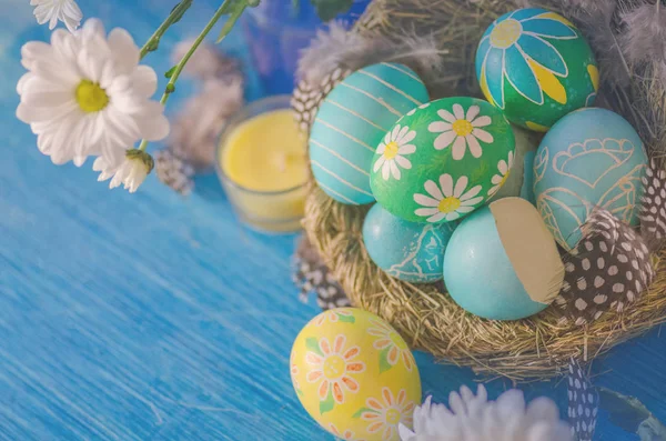 Oeufs de Pâques décorés avec marguerites — Photo