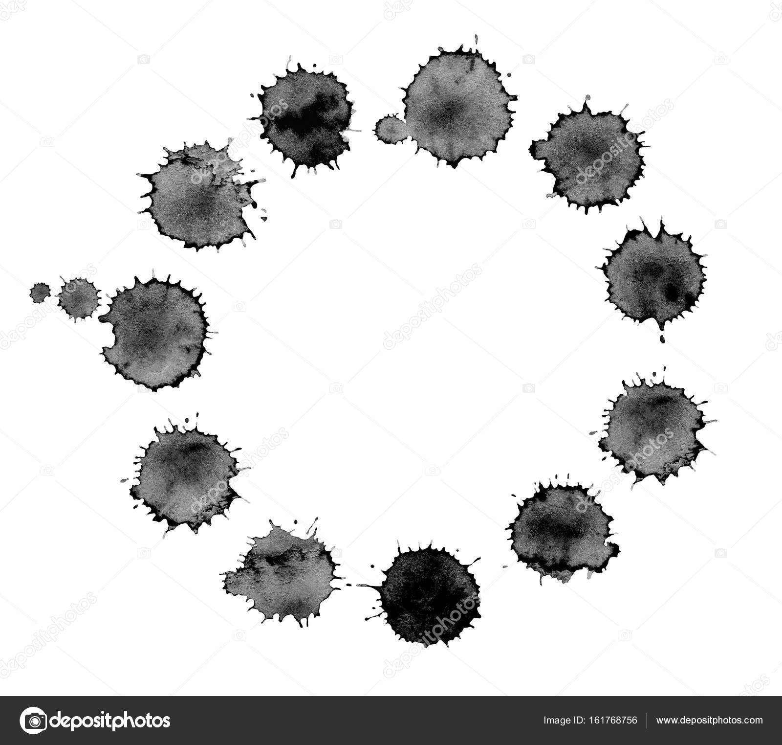 Elemento di disegno astratto nero Macchie e gocce telaio isolato su priorit  bassa bianca Telaio di punti del cerchio disegnato a mano astratto — Foto di