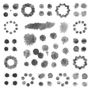 Suluboya siyah üzerinde beyaz izole kümesi blobs