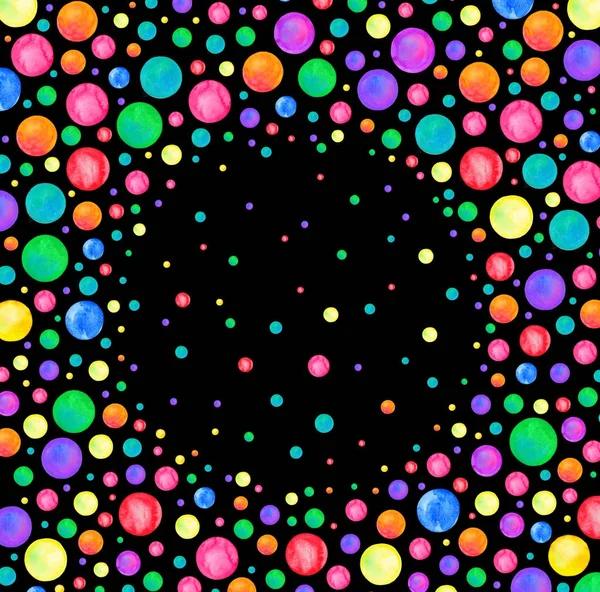 Ακουαρέλα rainbow κομφετί σε μαύρο φόντο. Αφηρημένη πολύχρωμες κουκκίδες καρέ. — Φωτογραφία Αρχείου