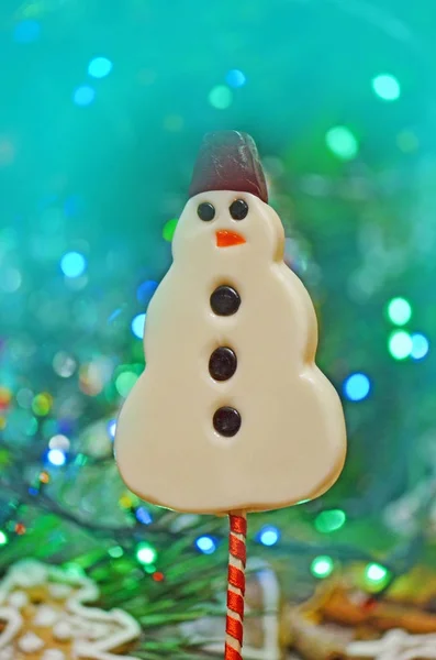 Doce chupador pirulito boneco de neve doce — Fotografia de Stock