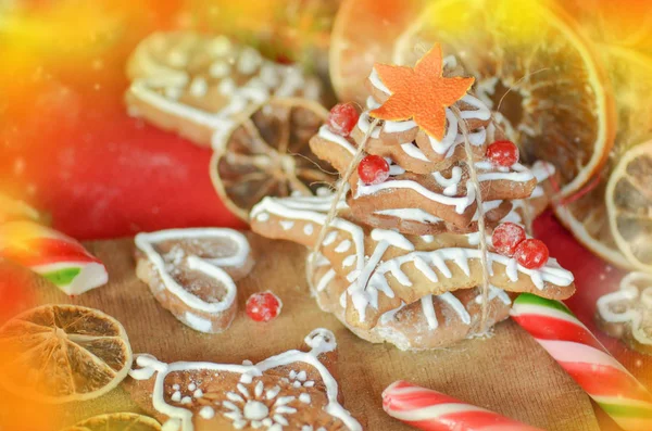 Biscuits au pain d'épice, oranges séchées, épices et lumières de Noël — Photo