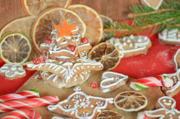 Biscoitos de gengibre, laranjas secas, especiarias e luzes de Natal — Fotografia de Stock