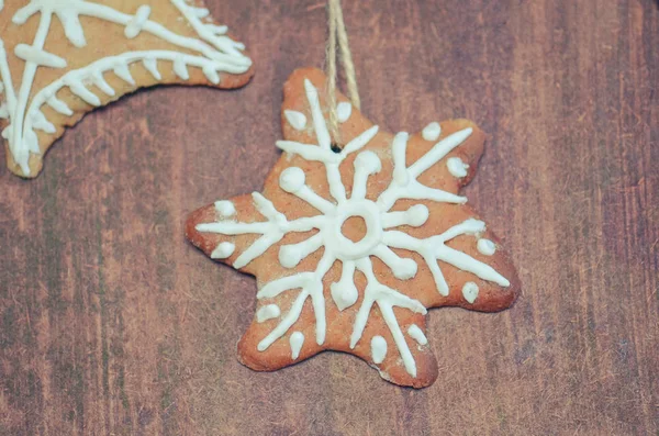 Biscoitos Natal Forma Uma Estrela Fundo Madeira — Fotografia de Stock