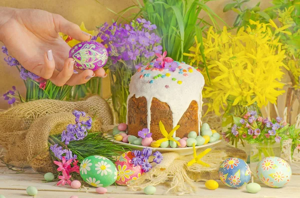 Easter Eggs Easter Decoration Wooden Background Hands Holding Painted Easter — Stock Photo, Image