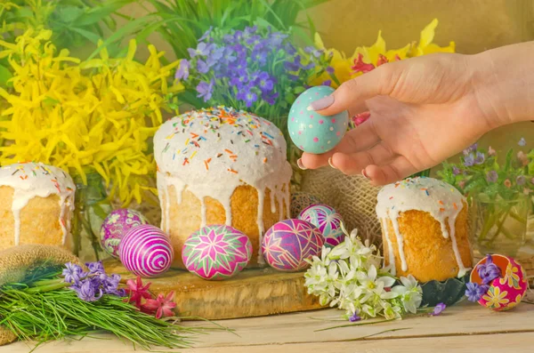 Easter Eggs Easter Decoration Wooden Background Hands Holding Painted Easter — Stock Photo, Image