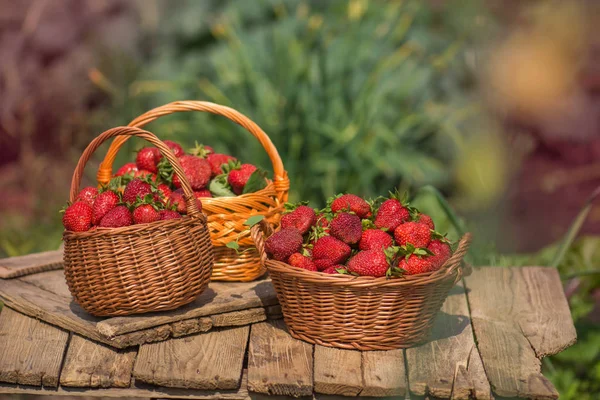 Fresh, sweet, juicy strawberries on a wooden table — Stock Photo, Image