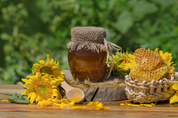 Honey pot, dipper, jar of fresh honey,  honeycomb on a blurry background — Stockfoto