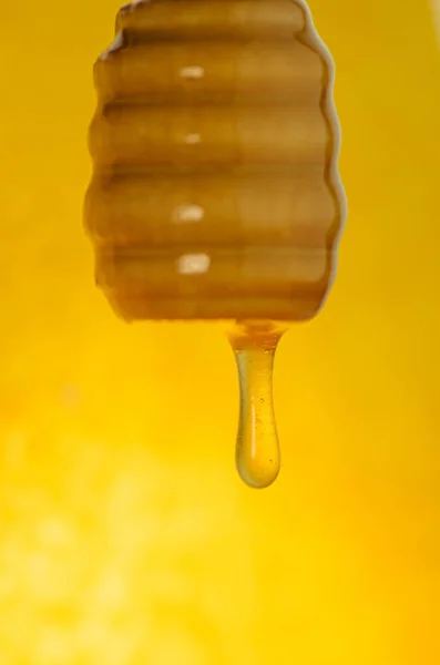 Szerves édes méz, fából készült merítőkanál — Stock Fotó