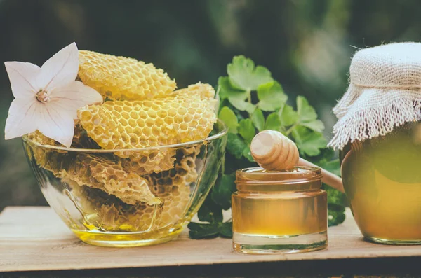Honungsburk Och Träpinne Bordet Mot Grön Suddig Naturlig Bakgrund Honungsburk — Stockfoto