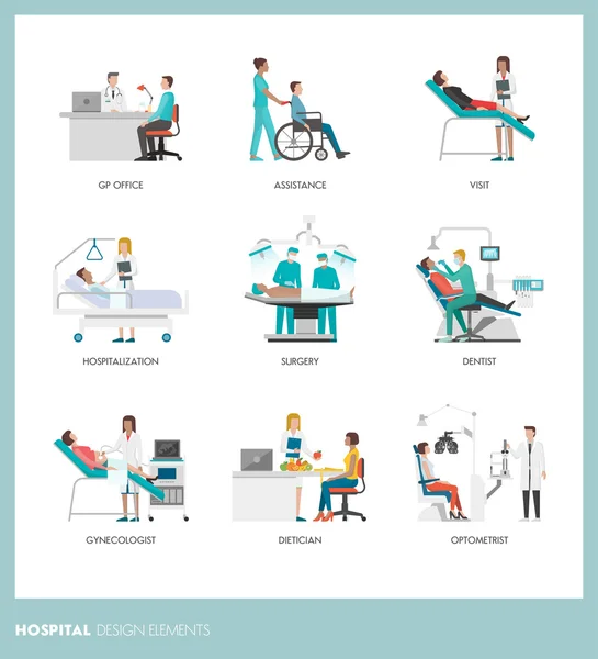 Médecins et professionnels de santé avec patients — Image vectorielle