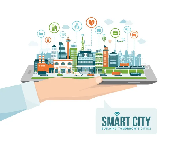 Hand innehav tablett med smart city — Stock vektor