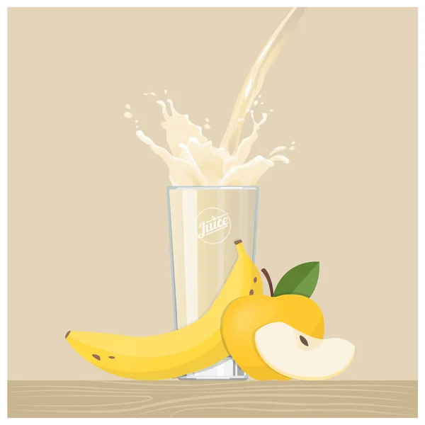 Plátano y jugo de manzana vertiendo en el vaso — Vector de stock