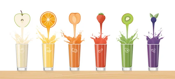 Jugo fresco que vierte de frutas coloridas — Vector de stock