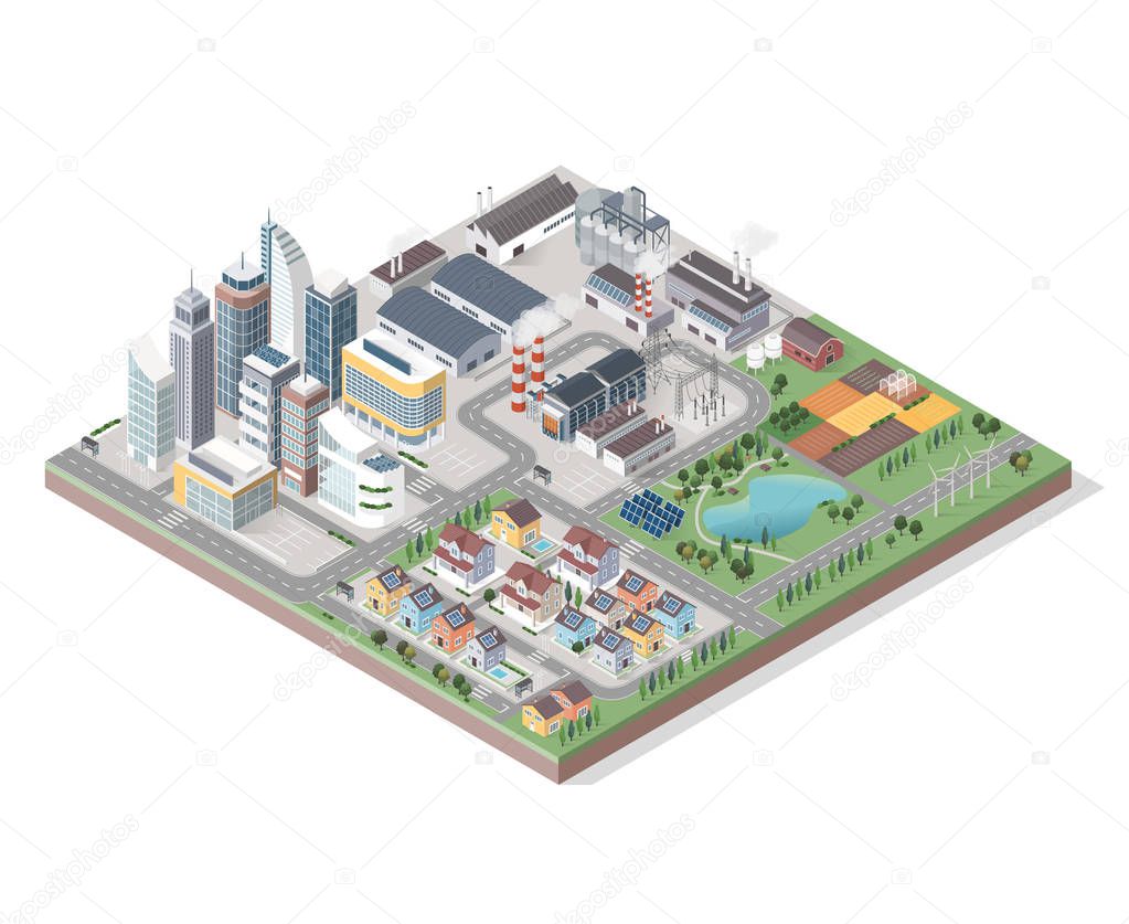 isometric contemporary green city with buildings