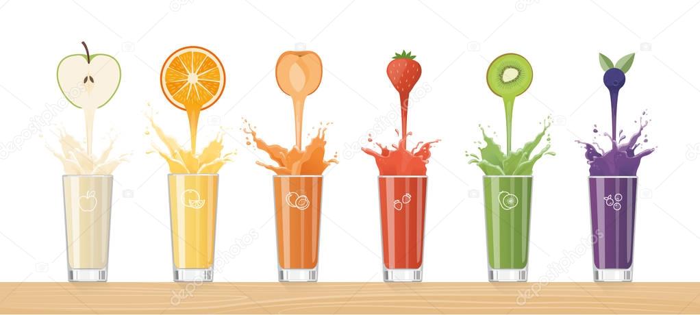 Fresh juice pouring from colorful fruits