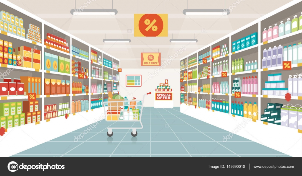Supermarket aisle with shopping cart Stock Vector Image by ©elenabs