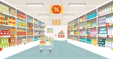 Supermarket aisle with shopping cart clipart