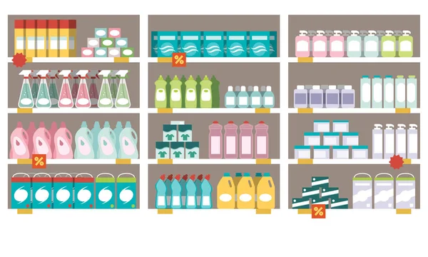 Productos para el hogar en estantes de supermercados — Vector de stock