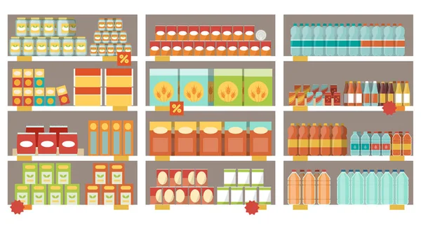 Grocery items on supermarket shelves — Stock Vector