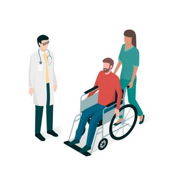 Doktor ve hemşire bir adam tekerlekli sandalye üzerinde yardımcı