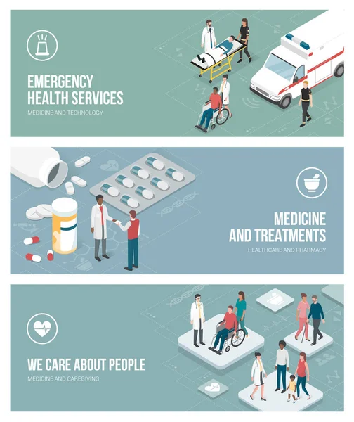 Ensemble de bannières médecine et soins de santé — Image vectorielle