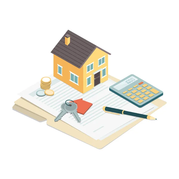Model domu, klíče od domu a smlouvy — Stockový vektor