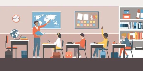 Professora e alunos em sala de aula — Vetor de Stock