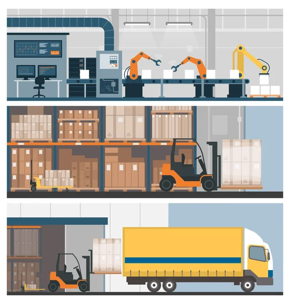 Produzione industriale, magazzinaggio e logistica — Vettoriale Stock