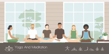 Çok ırklı grup birlikte lotus pozisyonda oturan insan onlar mindfulness meditasyon ve yoga, sağlıklı yaşam ve maneviyat kavramı pratik vardır