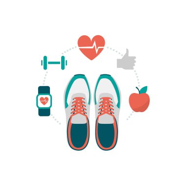 Eğitim ayakkabı ve fitness simgeleri: sağlıklı yaşam tarzı ve egzersiz kavramı