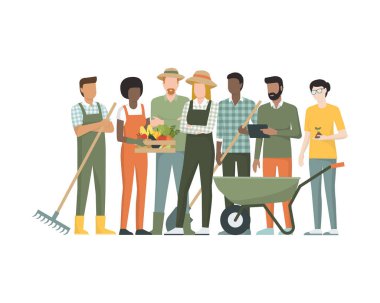 Multiethnic team of farmers standing together, they are holding tools and a crate with organic vegetables clipart