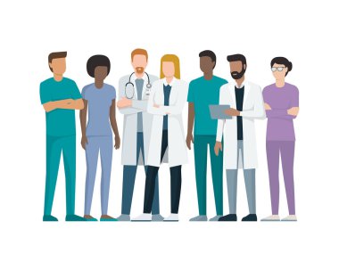 Doktor ve hemşireler birlikte, sağlık ve tıp kavramı ayakta çok ırklı takım