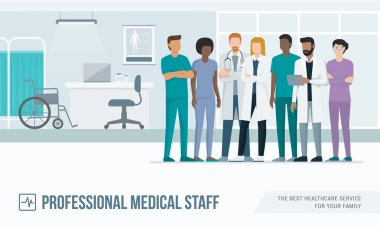 Medical staff standing together in the office at the hospital: doctors, nurses and surgeons