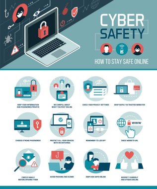Siber Güvenlik İpuçları Infographic: nasıl online bağlanmak ve sosyal medya güvenli bir şekilde kullanmak, Infographic simgeleri ile vektör