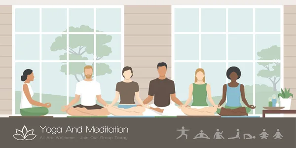 蓮華座で一緒に座っている人々 の民族グループは 彼らが練習マインドフルネス瞑想 健康的なライフ スタイルや精神性の概念 — ストックベクタ