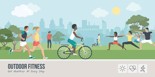 年轻人在公园户外做体育活动 他们正在跑步 骑车和练习瑜伽 健康的生活方式和健身理念 — 图库矢量图片